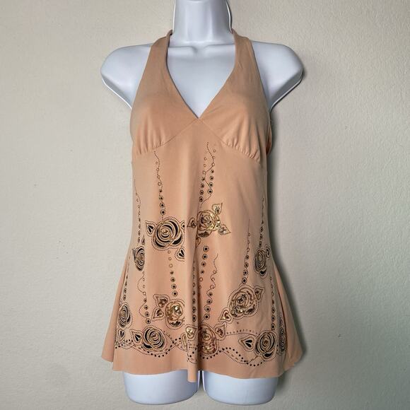 First Kiss Tops - Vintage Peach Halter Top Medium Embellished Y2K Summer Boho Casual Flowy Babydol